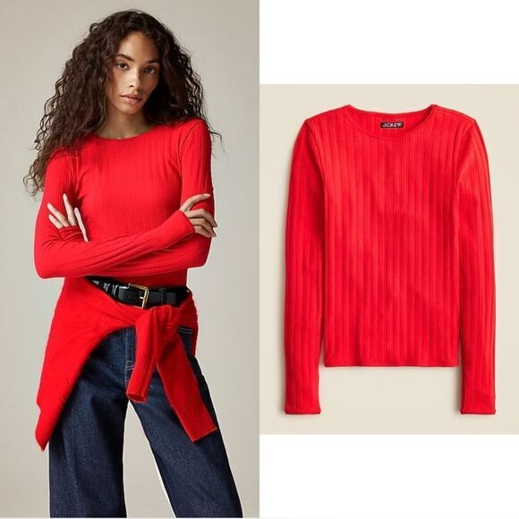 NWT J CREW Pointelle long-sleeve T-shirt in Apple Red - Picture 1 of 6